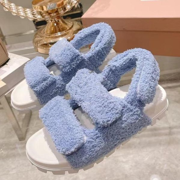 

faux fur sandals women thick sole modern sandals lady hook loop black white pink fluffy casual shoes flat runway sandal woman7254810