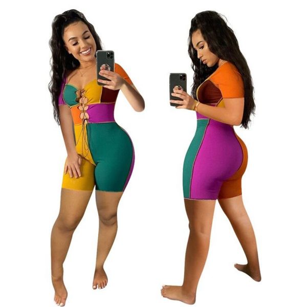 

contrast color patchwork playsuits designer bodycon lace short jumpsuits women summer rompers 2023 casual outfits women clothes 9885, Black;white