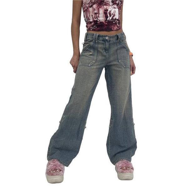 

jeans xingqing baggy mom jeans patchwork pockets streetwear cargo pants woman high waist casual loose denim trousers 90s hippie korean, Blue
