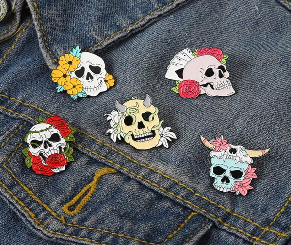 

flower bush skull enamel pins custom skeleton brooches lapel badges colorful punk gothic jewelry gift for friends7160580, Blue