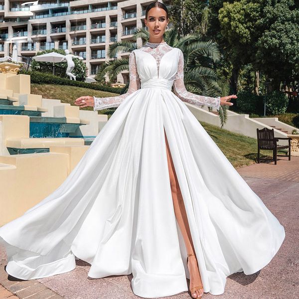 

modern lace wedding dress a line side split bridal gown long sleeves round neck pleat buttons back vestidos de novia, White