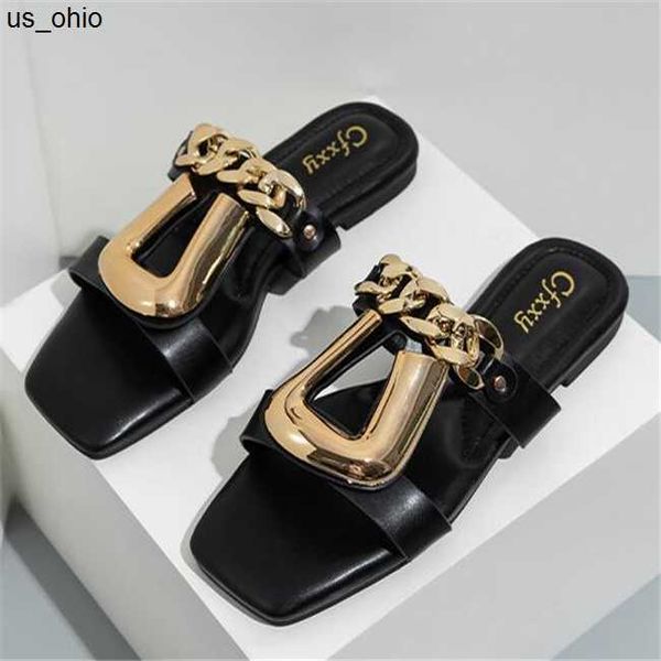 

sandals womens fashion soft leather sandals mules summers slides flat chain female slipper wide u buckle casual beach slip shoes j0523, Black