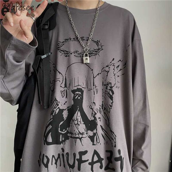 

men's t-shirts men long sleeve t-shirts autumn print gothic vintage ulzzang cozy high street streetwear 5xl baggy korean trendy harajuk, White;black