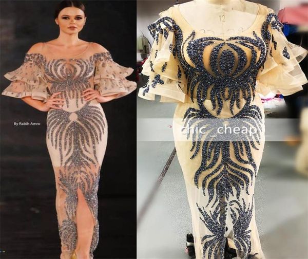 

sparkly luxurious crystals 2019 evening dresses champagne sheer neck beaded prom dresses sheath formal party pageant gowns1872384, Black;red