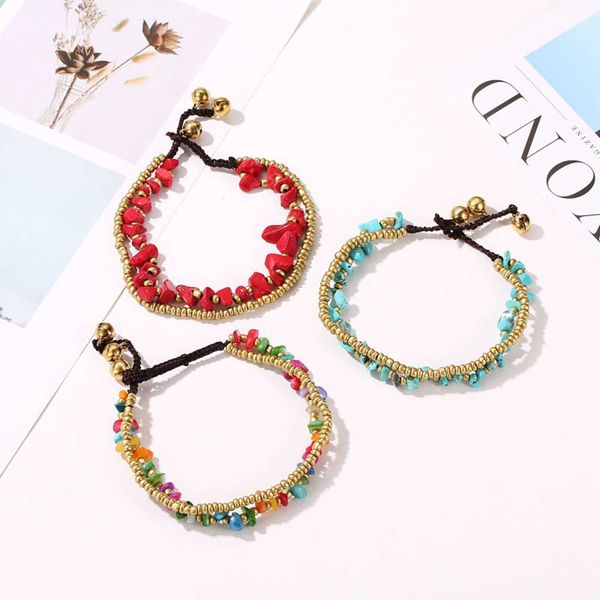 

anklets bohemian style double layer retro bell hand woven colorful gravel beads adjustable anklet beach barefoot sandals bracelet anklet g22, Red;blue