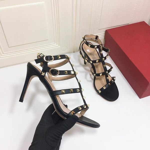 

2023 summer one word sandals with rivets stiletto leaky toe straps open toe high heels plus size women's shoes 35-43, Black