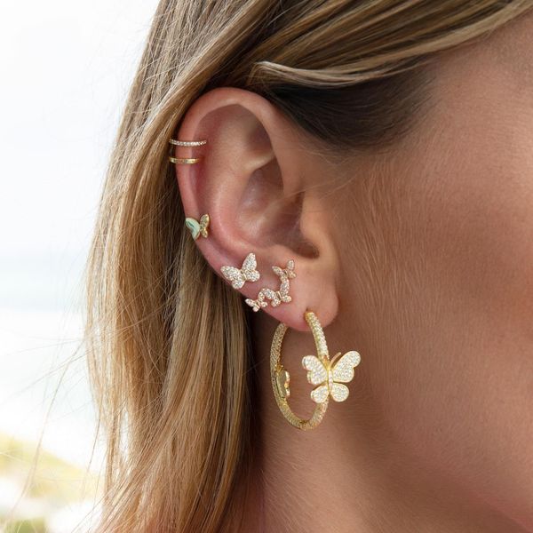 

huggie fashion large double butterfly hoop earring micro pave clear cubic zirconia girl women european valentine's day gift, Golden;silver