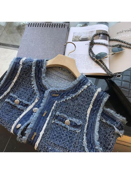 

women s vests 2023 summer korean style casual o neck sleeveless denim vest fashion street blue y2k loose single breasted coat 230522, Black;white