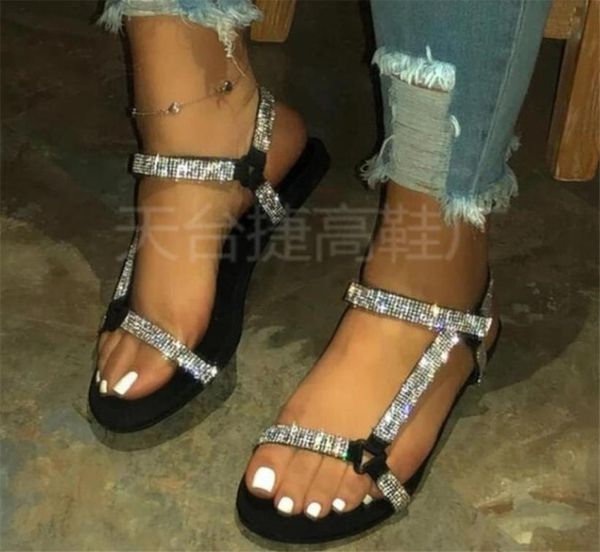 

women shoes summer new rhinestone flat sandals lady beach shoes slippers phcfy200615317082579, Black