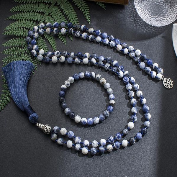 

necklaces 8mm natural flower blue sodalite beaded knotted mala necklace 108japamala meditation yoga spirit jewelry men and women rosary, Silver