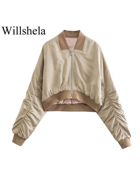 

men s jackets willshela women fashion silk solid front zipper cropped bomber vintage v neck long sleeves female chic lady outfits 230522, Black;brown