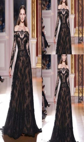 

2019 new off shoulder evening gowns aline sheer black lace applique long sleeves evening dress vestido de festa 20189768916, Black;red