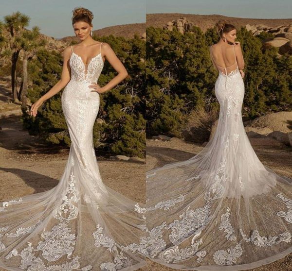 

2021 new wedding dresses spaghetti straps lace beading applique mermaid bridal gowns custom made open back sweep train wedding dre6980088, White
