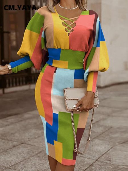 

basic casual dresses cm yaya elegent women plaid lace up v neck lantern long sleeve bodycon midi dress party club vestidos 230522, Black;gray