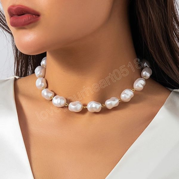

irregular pearl bead choker necklace for women wed bridal vintage clavicle chain aesthetic neck accessories, Golden;silver