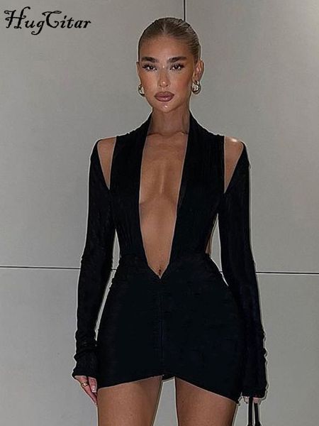 

basic casual dresses hugcitar long sleeve deep v neck hollow out ruched mini dress 2023 bodycon streetwear party club clothes 230522, Black;gray