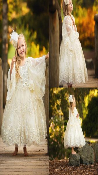 

2019 cute flower girl dresses jewel neck long bell sleeves a line ankle length girls birthday party gowns custom lace kids formal 7936382, White;blue