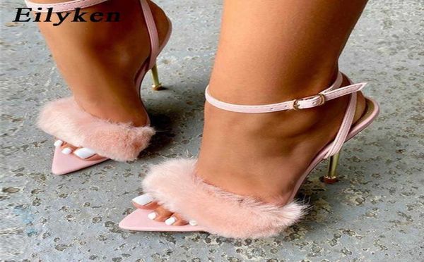 

eilyken 2021 new pink white women sandals open toe furry fur summer highheeled sandals ladies wedding stripper shoes y06082995995, Black