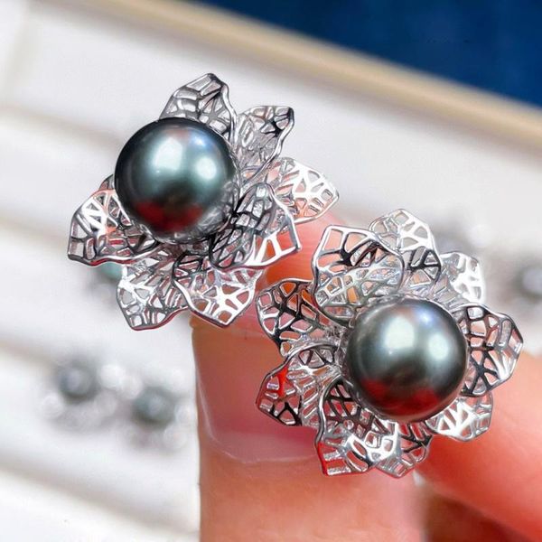

stud meibapj 925 genuine silver 910mm black natural freshwater pearl flower stud earrings fine wedding jewelry for women, Golden;silver