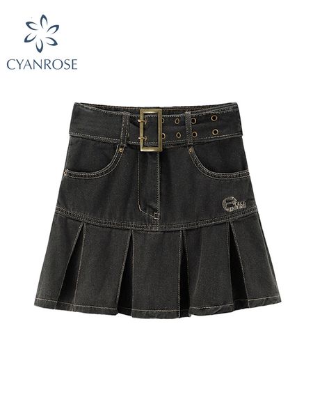 

skirts spring women s high waist denim mini pleated skirt harajuku streetwear vintage loose casual ladies y2k a line short 230522, Black