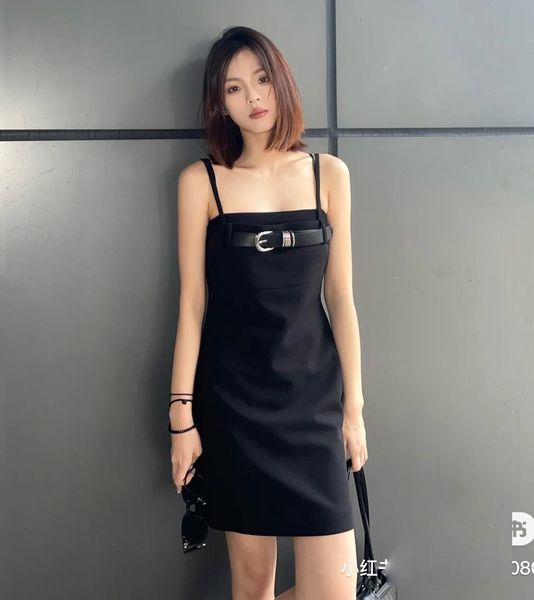 

women's dress european fashion brand belt sleeveless mini strap dress, Black;gray