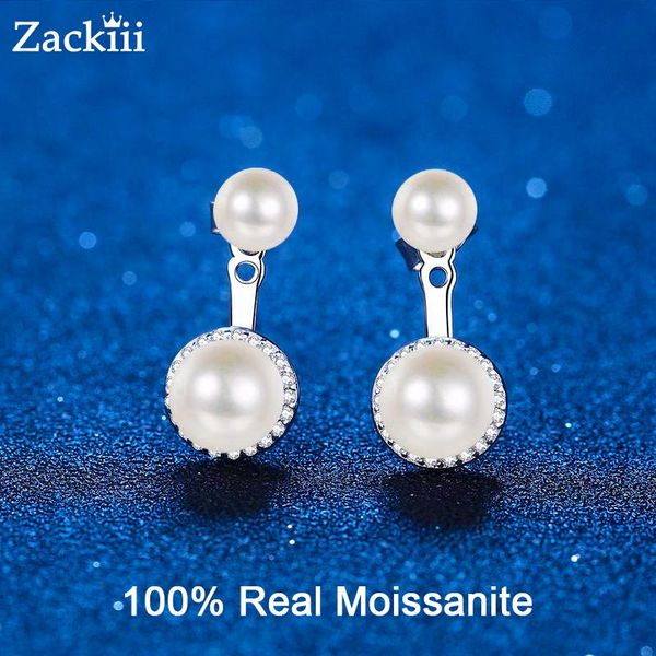 

stud 69mm freshwater double pearl sterling silver earrings vvs moissanite diamond stud jacket earrings wedding jewelry for brides, Golden;silver