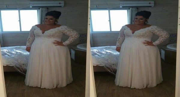 

plus size wedding dresses with long sleeves lace deep vneck chiffon long bridal gowns vestido de novia wedding dress beach summer2959670, White