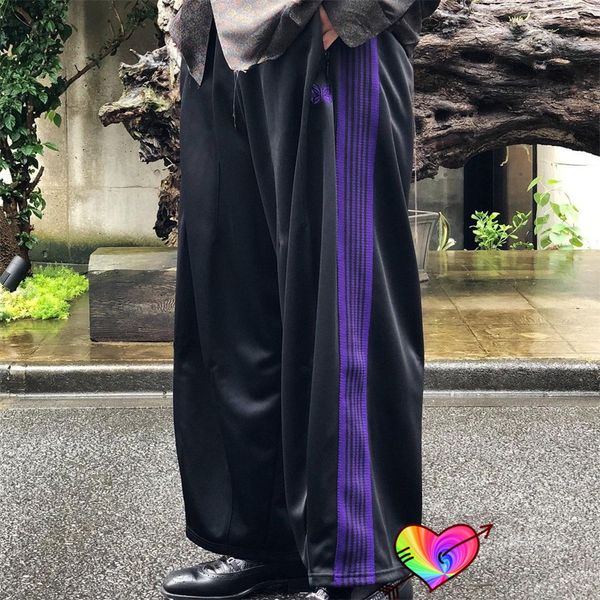 

men's pants 2023 black needles wide leg men women 1 high street purple embroidery butterfly stripe track trousers 230520