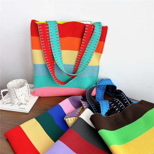 

lgbt shopping bags pride new rainbow bag women s summer korean stripe contrast handbag student knitted shoulder 230522
