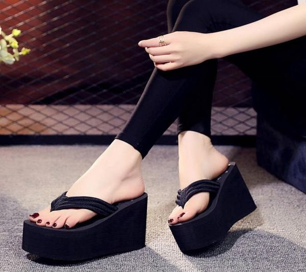 

11cm high flip flops handmade hawaiian beach slippers women summer sandals outdoor slipper heels shoes wedge platform size35411425232, Black