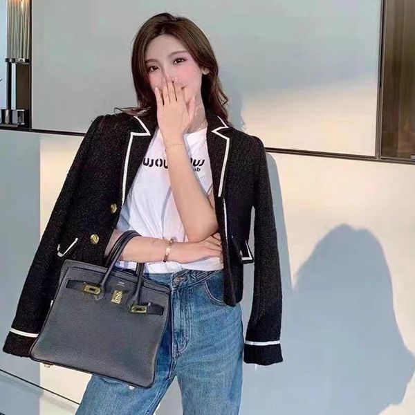 

cel women's brand jacket 2023 new women autumn winter letter fashion jacket letter metal buckle tweed jacket casual coat spring cardiga, Black;brown