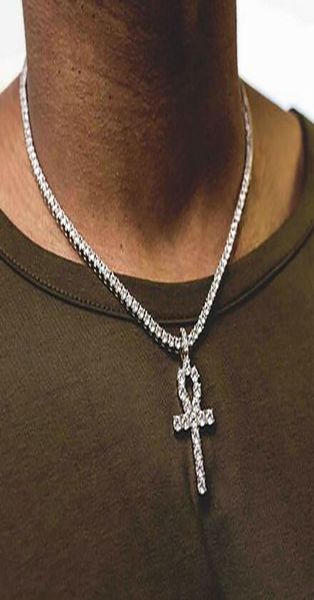 

men women egyptian ankh key necklaces bling 18k gold plated 3mm tennis chain rhinestones crystal cross iced out pendant5127812, Black