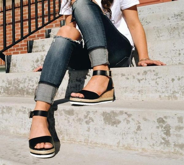 

9cm high heel wedge sandals ankle strap thicksoled wedges women shoes summer fashion women platform sandals plus size 4315394174, Black