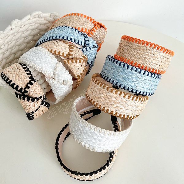 

elegant weaving knotted head hoop bohemian headband splicing color wide-brimmed straw woven hair hoop hair accessories fashion, Slivery;white