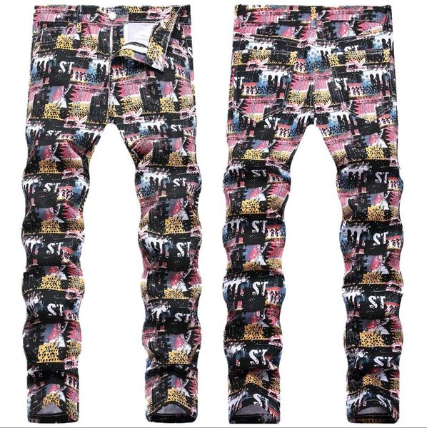 

2023 summer men's jeans summer printed fashion slim fit small feet pants men trousers gzhsh88x36, Blue