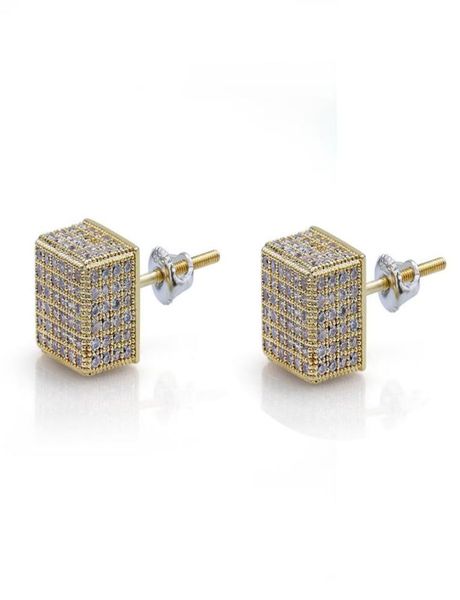 

8mm square earring with screw back gold silver iced out micro paved stud 925 silver earring8729607, Golden;silver
