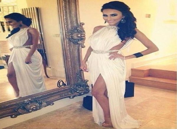 

new prom dresses high neck beaded crystal pleated sheath summer beach floor length cutaway sides backless high slit white evening 6745798, Black