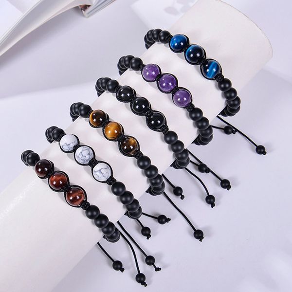 

12mm amethyst woven bracelet adjustable natural tiger eye stone black frosted bracelet for men women, Golden;silver
