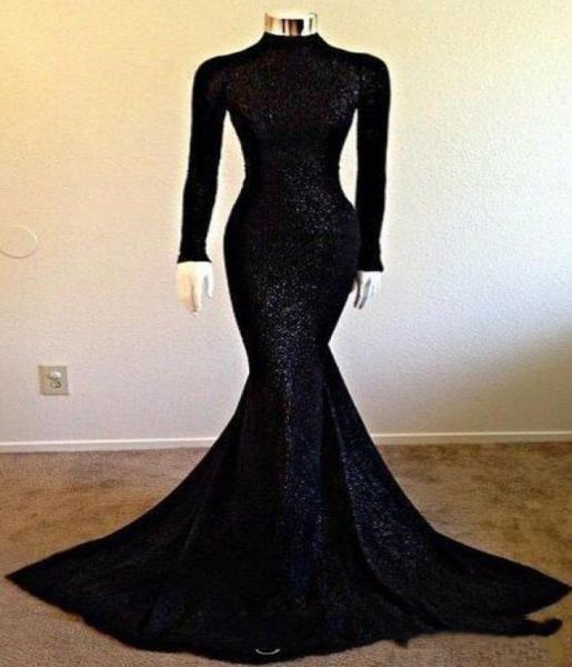 

elegant black sequins longsleeve mermaid evening dress highneck modest long sleeve blingbling girls pageant prom gowns formal pa7762960, Black;red