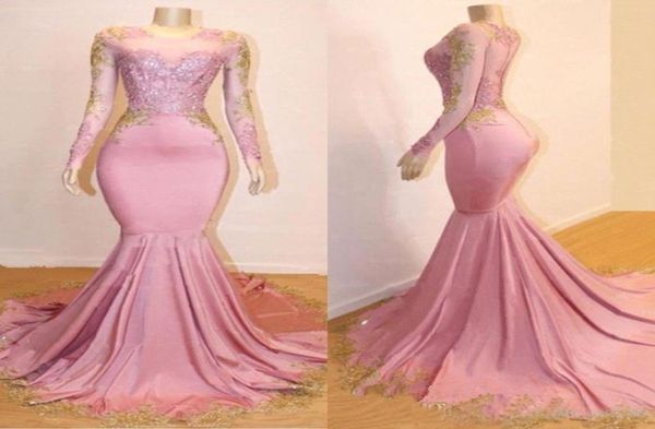 

new sheer long sleeves mermaid long prom dresses black girls gold lace applique sweep train formal party evening gowns1088042
