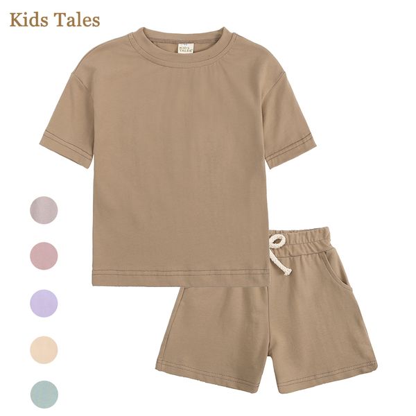 

clothing sets toddler boys girls summer sport clothes kids solod color cotton casual crewneck short sleeve tshirt shorts children outfits 23, White