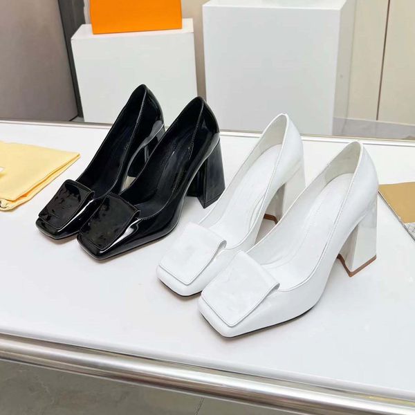 

shake pumps dress shoes women black patent calf leather lambskin lining leather outsole metal embossed chunky lady heel shoes summer dress s