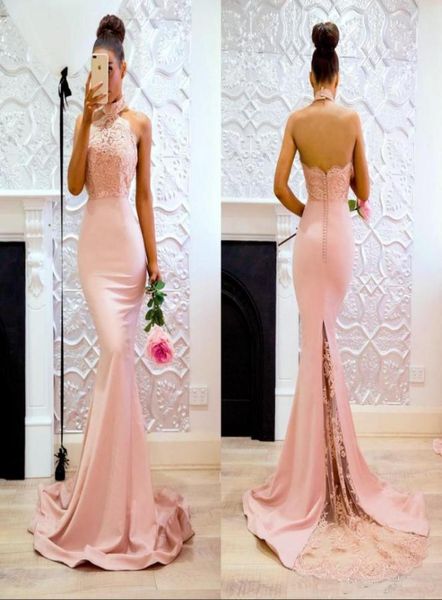 

baby pink mermaid prom dresses long halter neck lace evening party gowns sweep train backless bridesmaid dress women gowns8488230, Black