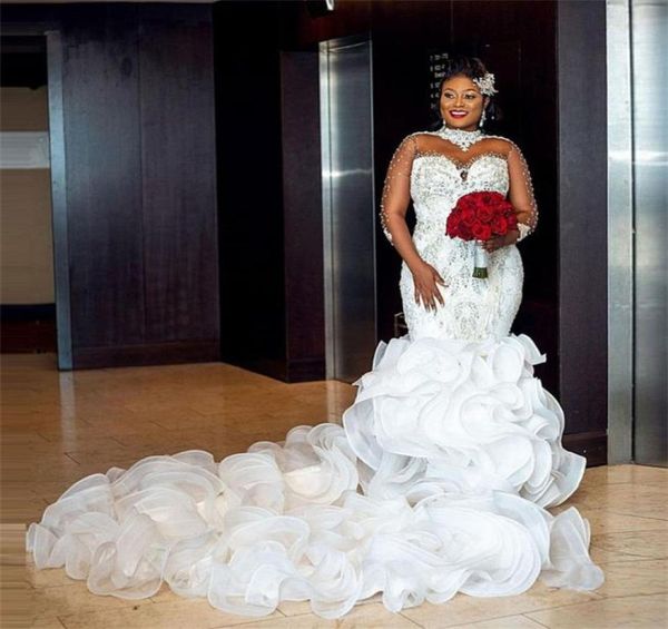

luxury african wedding dresses flouncing ruffles long sleeves high neck vestidos de novia beaded plus size mermaid bridal dress 202204657, White