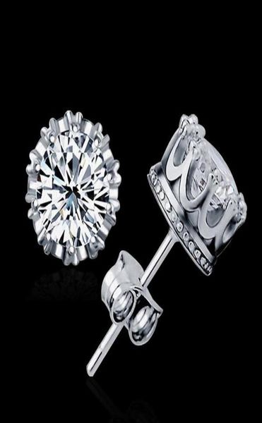 

2015 new design 925 sterling silver cz diamond crown stud earrings fashion jewelry beautiful wedding engagement gift 4802018, Golden;silver