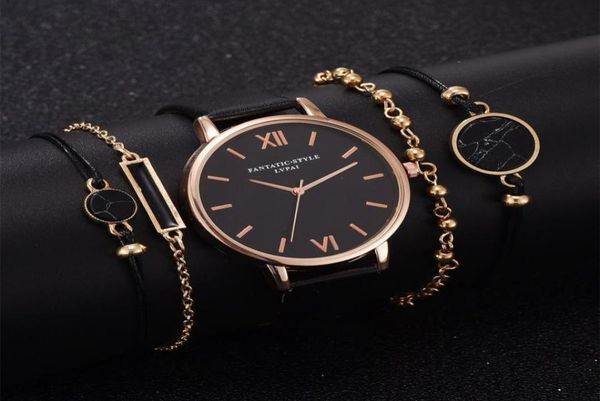 

5 pcsset women039s fashion bracelet watches leather strap luxury analog quartz wrist watch1335170, Slivery;golden