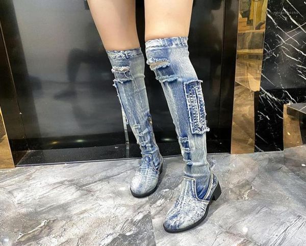 

handmade women blue denim long boots round toe over the knee riding botas fashion hole design autumn botines chunky heels zapato12118576, Black