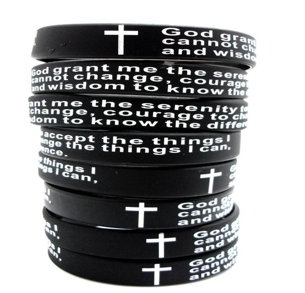 

100pcs inspirational english serenity prayer silicone bracelets christian men cross fashion wristbands whole god serenity jewe7349572, Golden;silver