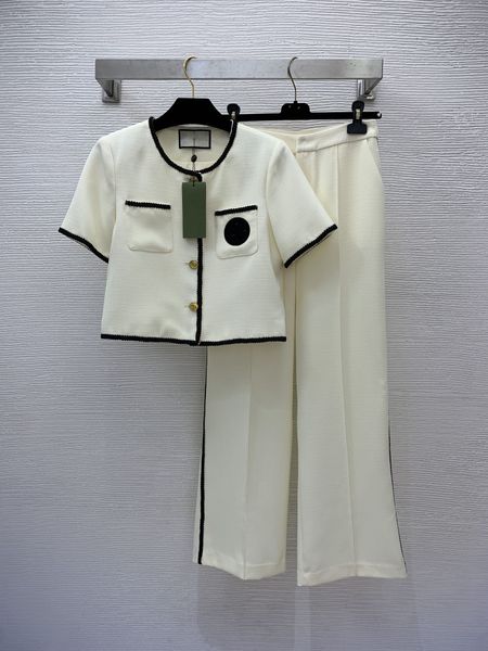

women's two piece pants 2023 new autumn o neck short sleeve embroidery brand same style designer 2 piece sets 0522-1, White