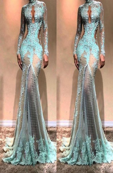

high neck luxury full lace pearls mermaid evening dresses dubai see through illusion high split formal prom cutaway side celebrity3620095, Black;red